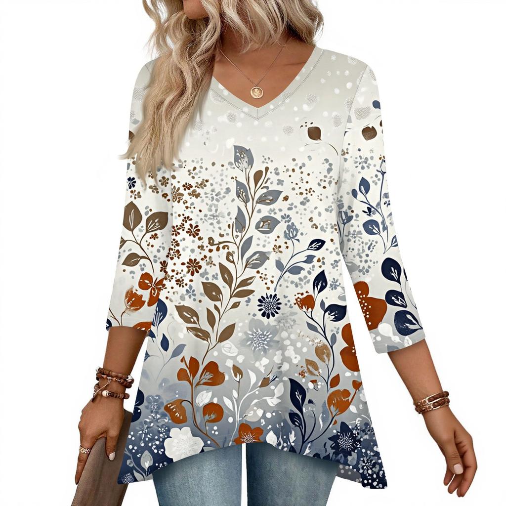 Dámské topy s výstřihem do V a 3/4 rukávem, ležérní košile střední délky, módní tuniky s potiskem