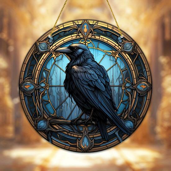 Crow Stained Glass Suncatcher, Gothic Raven Acrylic Window Hanging Decor with Chain for Home, Garden, Indoor Outdoor Decor