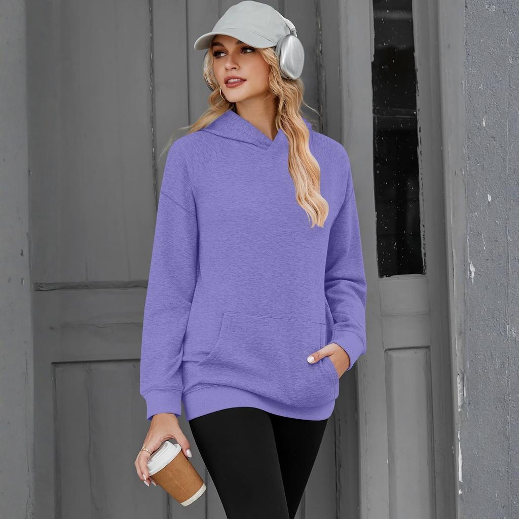 Women's Casual Color Pullover Hoodie with Drop Shoulders and Long Sleeves for Everyday Wear