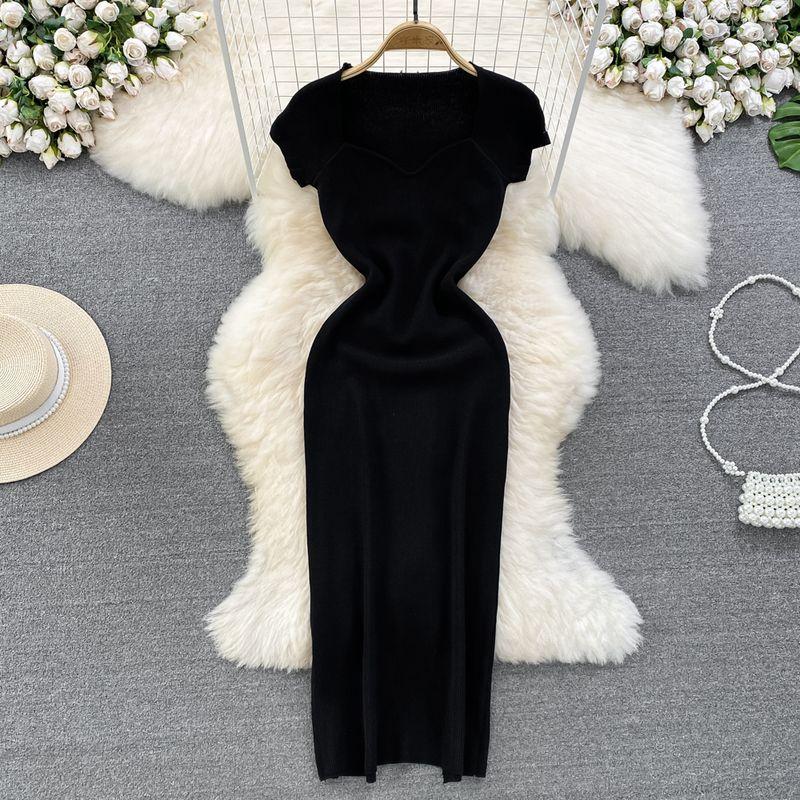 

Summer K-style Square Collar off-Shoulder Knitting Dress Black All yards