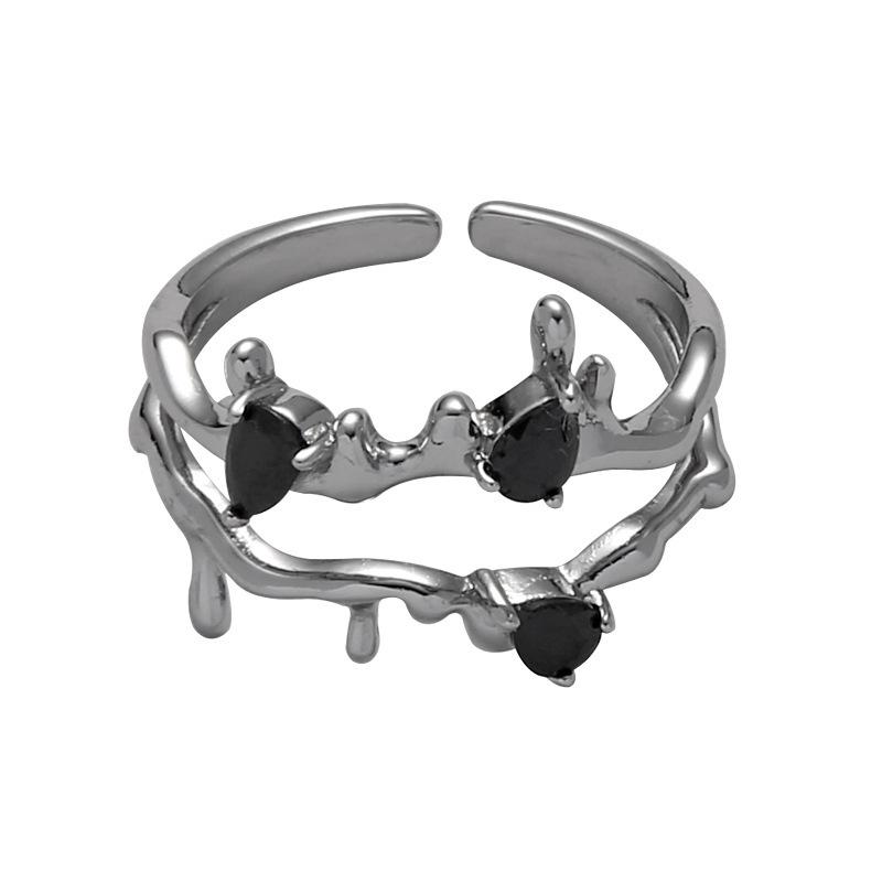 Nischen Design Unregelmäßig Kaltwind Trendiges Mädchen Dunkel Süß Kühlwind Fortgeschritten Doppelschicht Lava Schwarz Edelstein Ring