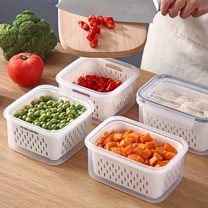 Fridge Food Storage Container Set with Lids with Strainer,Plastic Fresh Produce Saver Vegetable Fruit Meat Storage Organization
