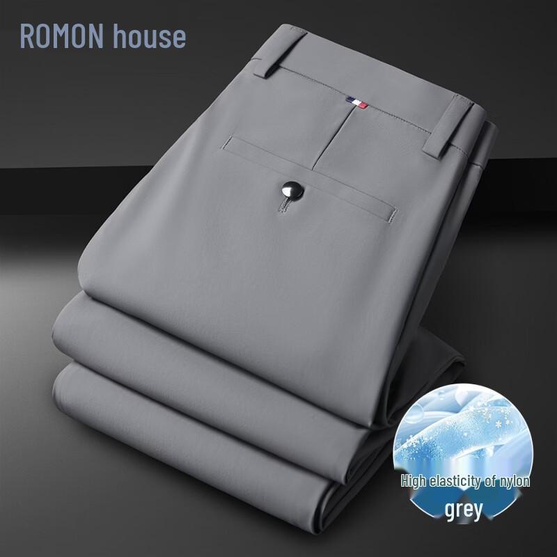 ROMON Men s Ice Silk Straight Leg Wrinkle-Resistant Casual Trousers 35