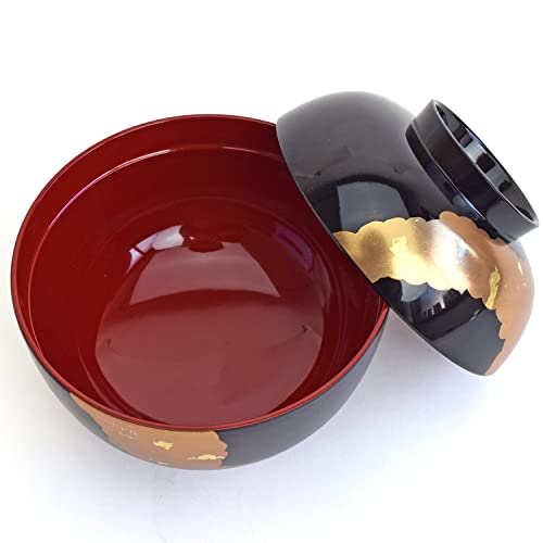 Maeju Lacquerware Zoni Bowl with Lid, Black Interior with Red Crane Design and Gold Mica, Large, 450ml, Traditional Craft, Yamanaka Lacquerware, Made