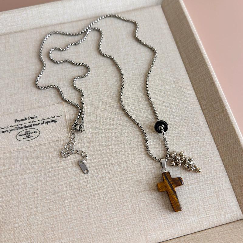 Spotted Tiger Eye Stone Mushroom Brown Heart Star Cross Flower Pendant Long Clavicle Chain Necklace Women Exquisite Accessories