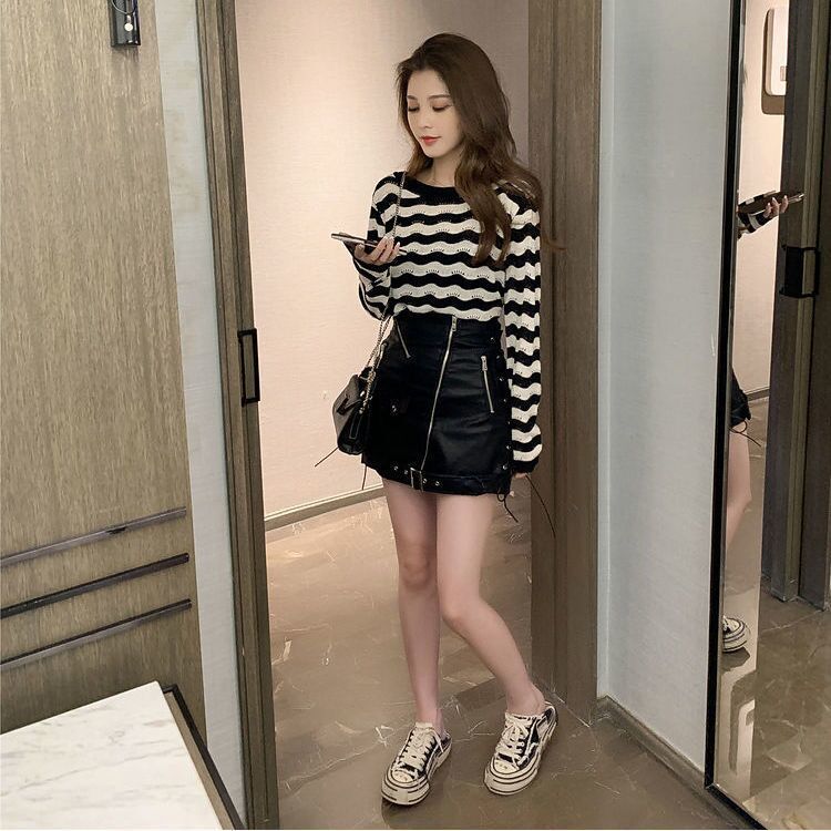 Women's Spring Korean-style Short Striped Sun Protection Knit Top Cover-up Blouse