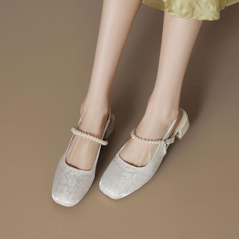 Fairy Wind Square Head Thick Heel with Bag Head Sandals  Summer New Small Fragrant Wind Pearl Mary Jane Shoes