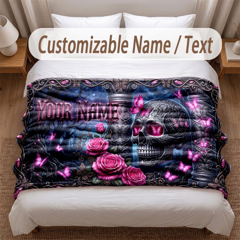 Skull Gothic Theme Soft Blanket Personalized Custom Name Text Print Warm Blanket Home Sofa Bedroom Decor
