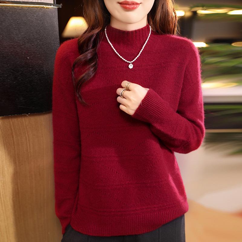 European Hollow Pure Wool Sweater - Women's Autumn/Winter Round Neck Knitwear