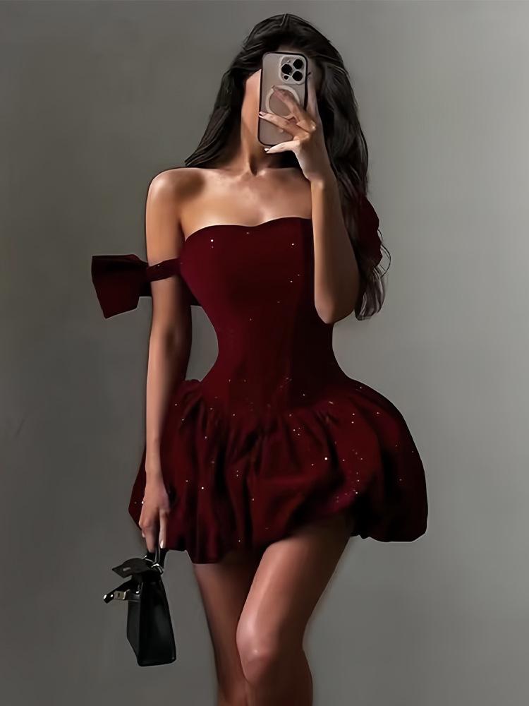 2025 One-Shoulder Strapless Dress with Bow & Sequin Waist