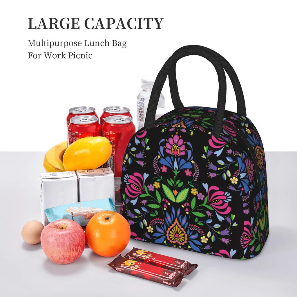 Mexican Floral Folk Pattern Insulated Lunch Bags High Capacity Polish Ethnic Flowers Reusable Thermal Bag Tote Lunch Box