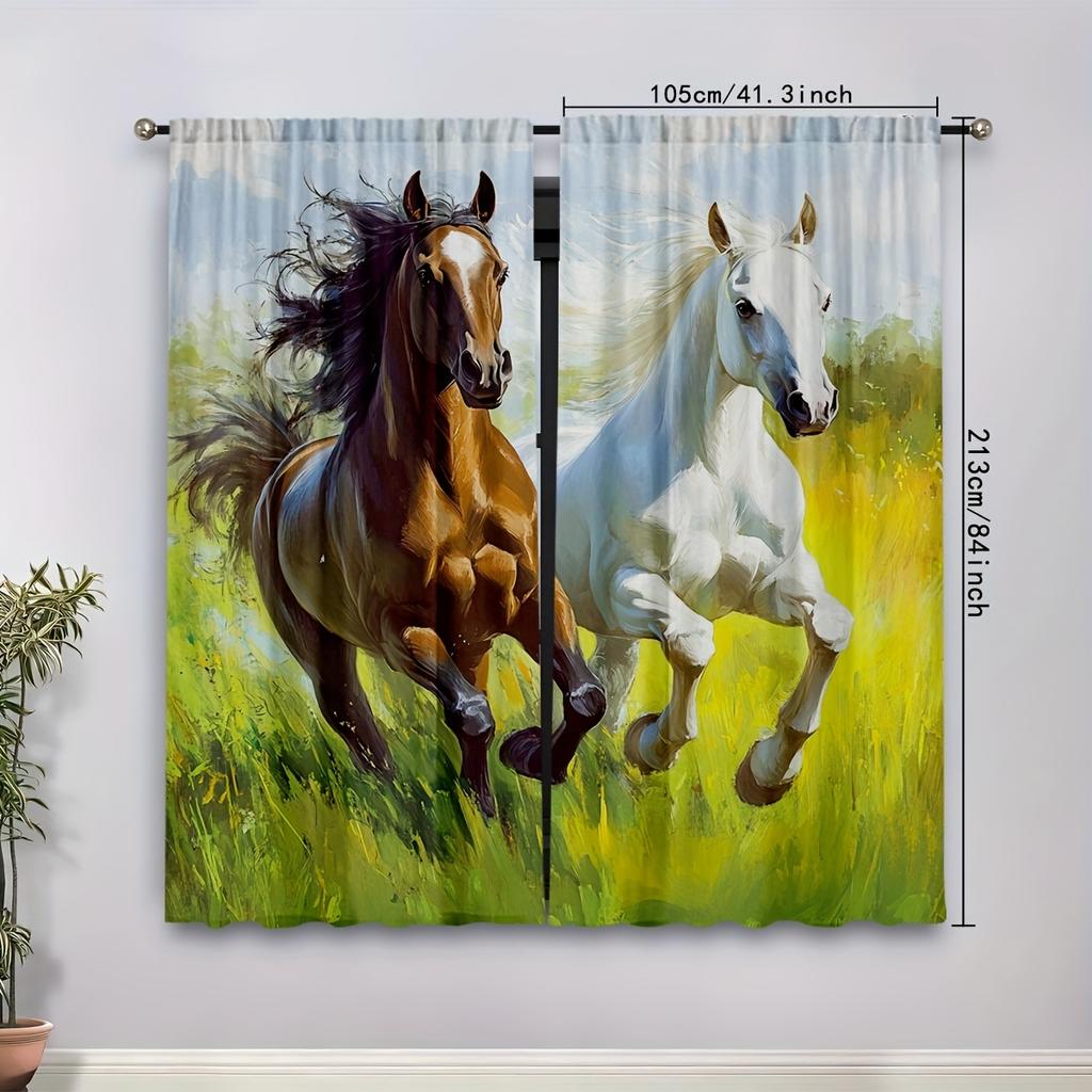 Set Of 2 Modern Equestrian Themed Curtains Vibrant Running Horses Design Chocolate Brown Platinum White Semi Transparent Curtain Made Polyester