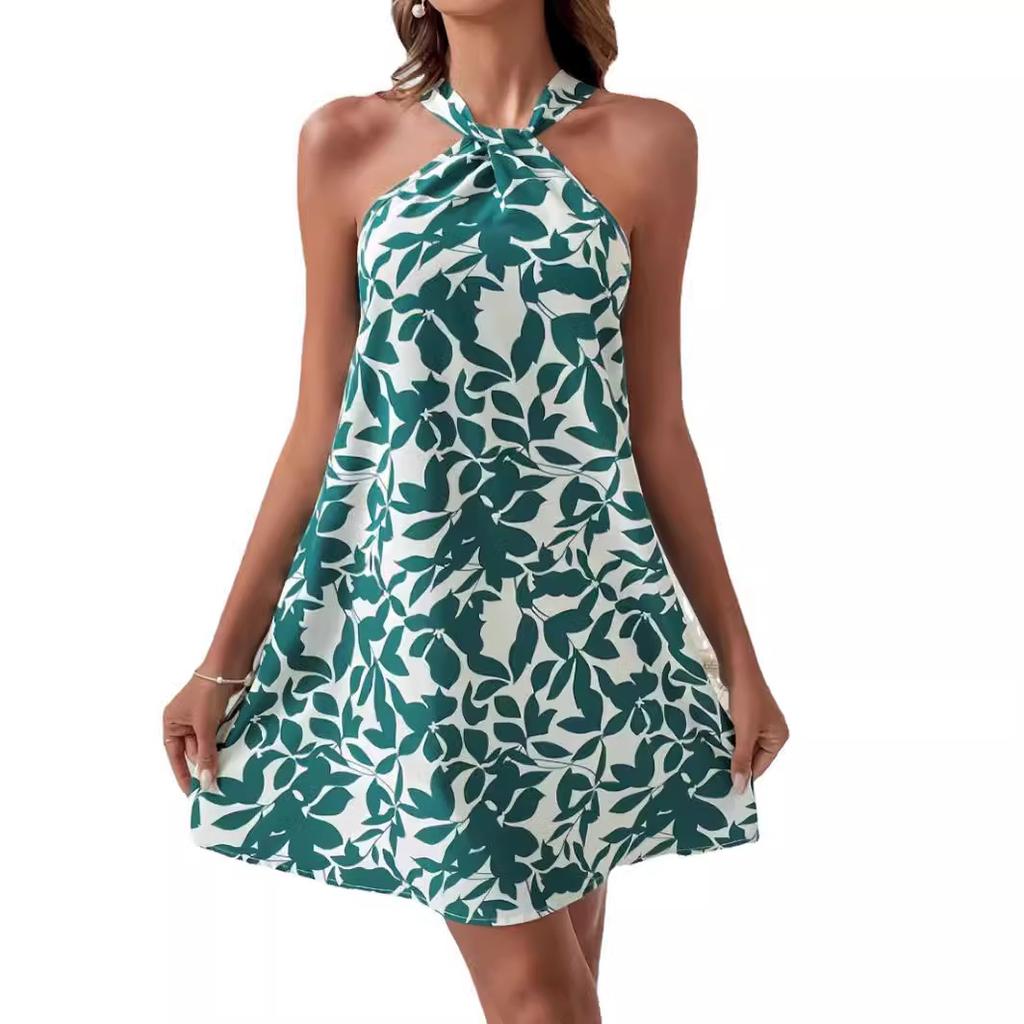QICED Spring Summer Print Sleeveless Halter Skirt Peplum Halter Dress Woman