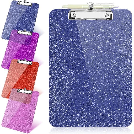 1 Pcs Clear Glitter Clipboards, Plastic Clipboard with Pen Holder, Size 8.85 x 12.4 in Shiny Clipboards with Low Profile Clip, Cute Hanging Clipboard