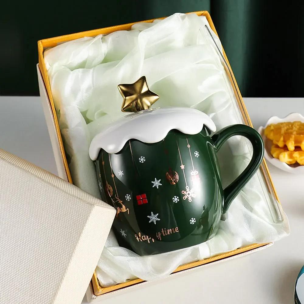 Christmas Mug With Lid And Spoon Ceramic Water Cup Cute Elk Snowflake Coffee Milk Decal Office Creative Gift For Tea Tableware