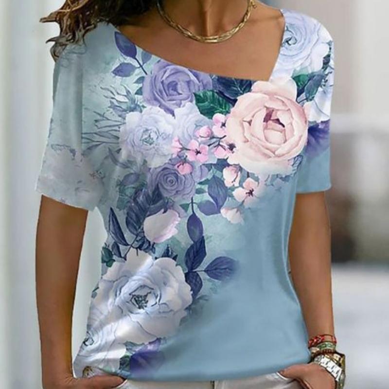 3D-trykt V-hals T-skjorte for kvinner Uformelle topper Kortermet Slim Fit T-skjorte for kvinner Mote Elegant Vintage Løs T-skjorte for kvinner 24052