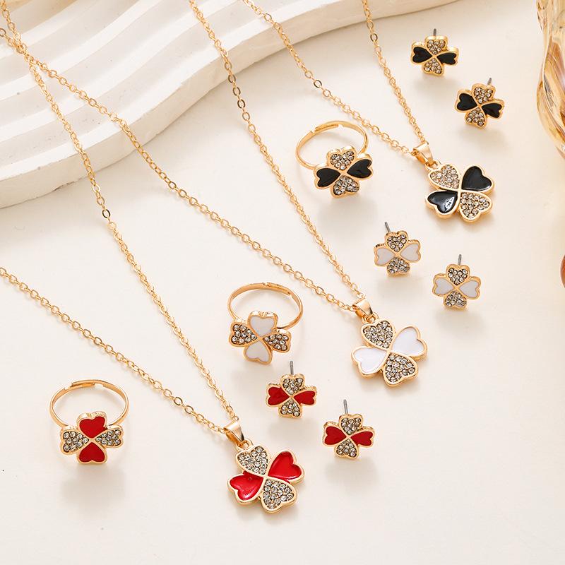 New Romantic Pendant Necklace Women Set Fashion 4 Love Stud Earring Ring Combination Jewelry Party Gifts