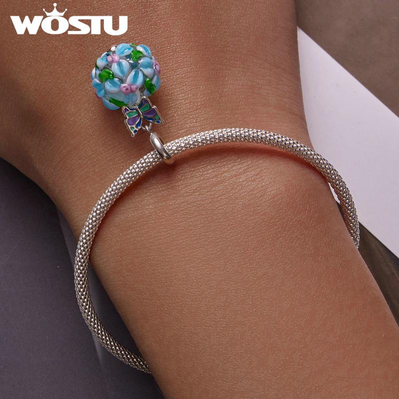 WOSTU 925 Sterling Silver Delicate Flower Butterfly Charm Crystal Blue Bead Fit Original Bracelet For Women Jewelry