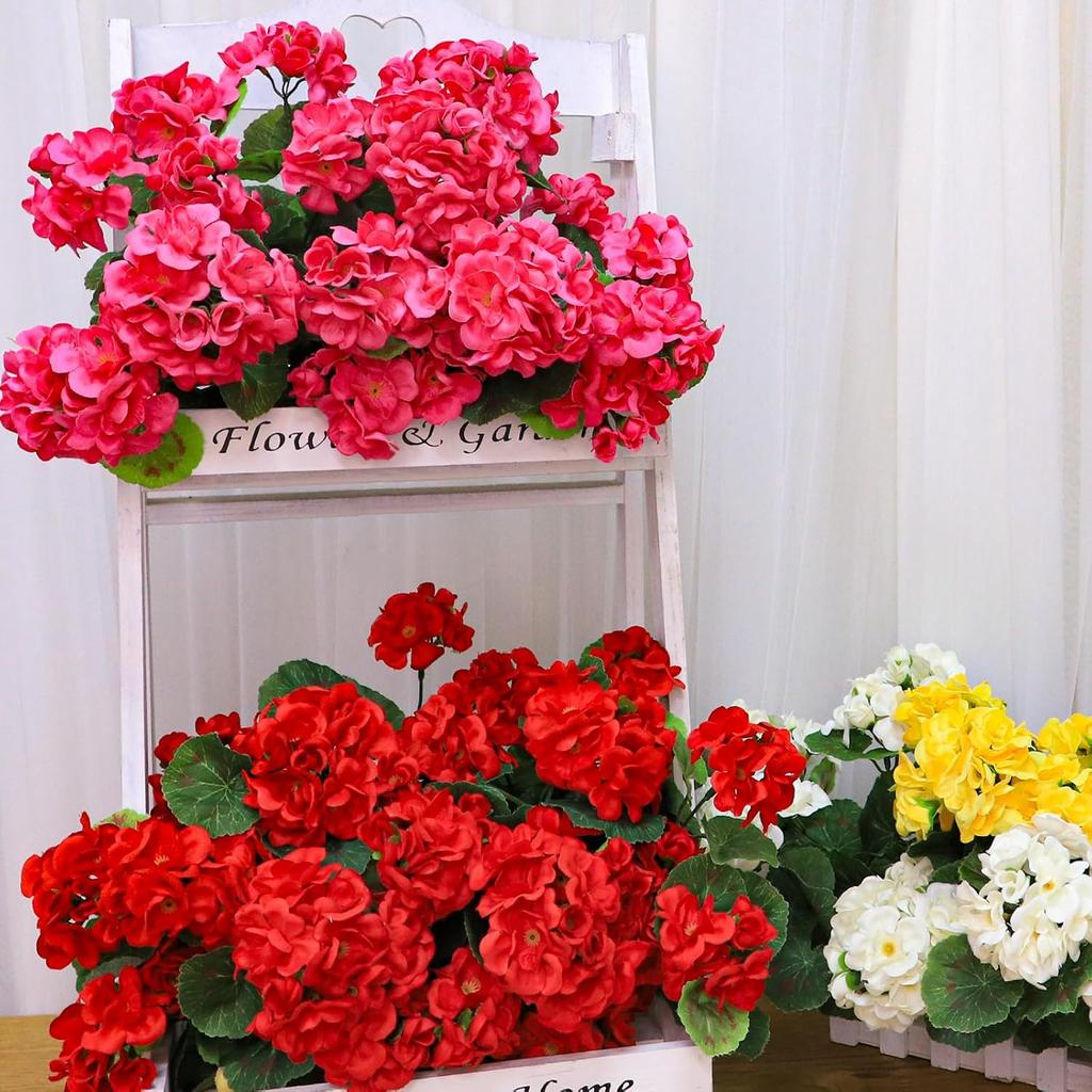 Artificial Geraniums Flowers for Outdoors Summer Decor, 4 Bundles UV Resistant Fake Geraniums Flowers Silk Faux Plants for Home Planter Gardens Table