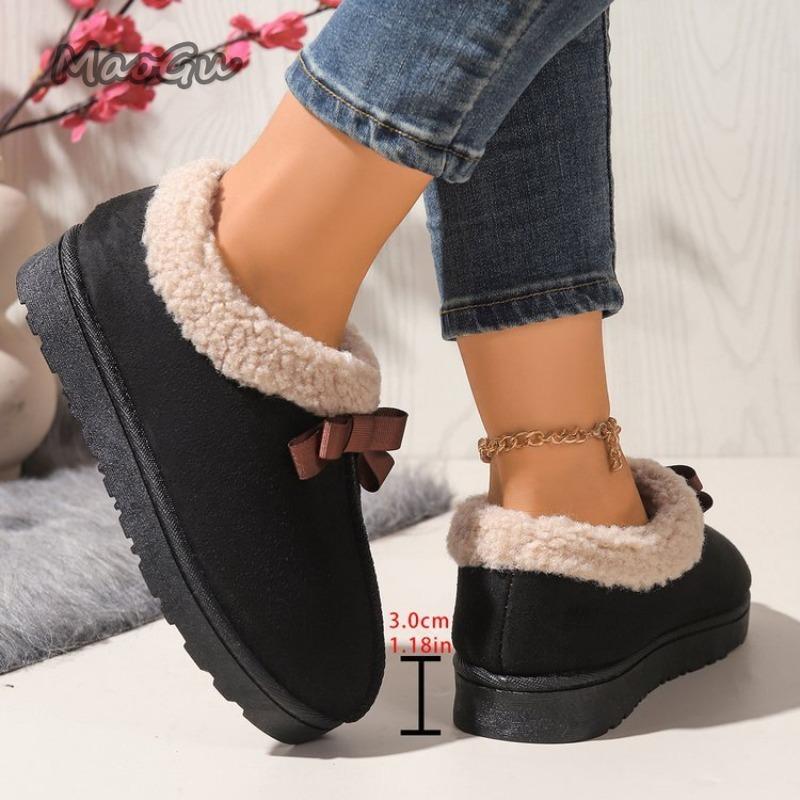 Autumn Winter Women's Footwear Plush Snow Boots Bow-tie Suede Warm Slip On Round Toe Boots Non-slip Thick Bottom Women Shoes