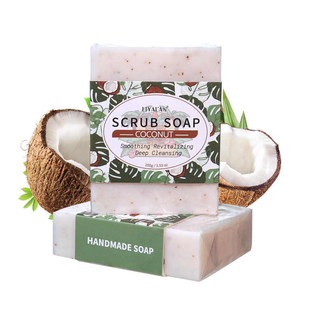 Savon Exfoliant à la Noix de Coco: 3.53oz Nettoyage Profond, Adoucit les Cuticules & la Peau Sensible, Savon Artisanal aux Huiles Essentielles
