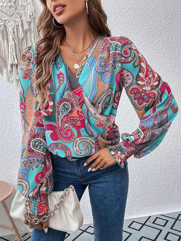 Elegant Women's V-Neck Lantern Sleeve Solid Color Shirt
