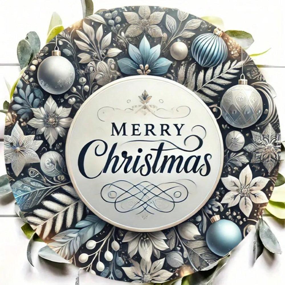 Blue Vintage Iron Merry Christmas Wreath Wall Art Plaque 8x8 Inch Home Cafe Decor