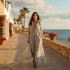 Long Sleeve Shirt Dress Patchwork Women Long Skirt Beach Wear Striped Dresses  Spring Summer