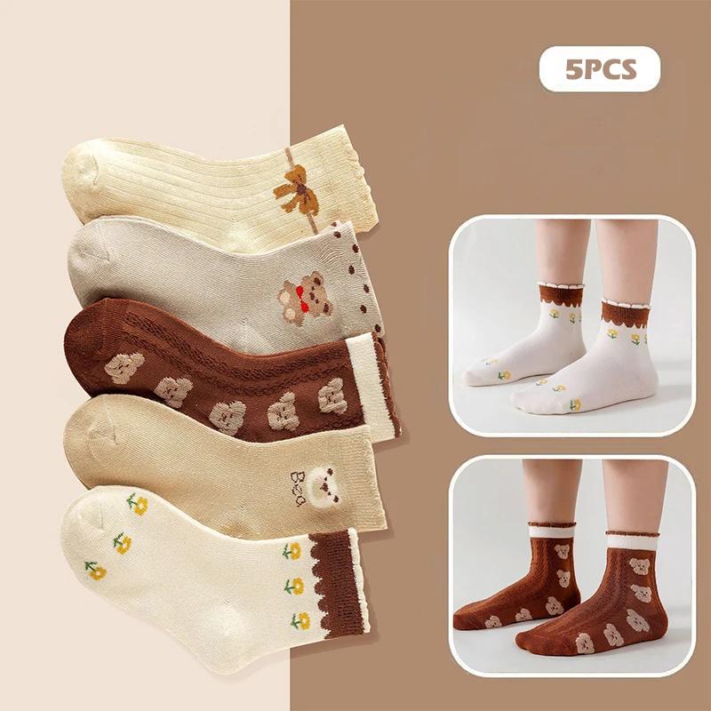 5 Pairs Kids Cotton Socks Spring Autumn Mid Length Soft Comfortable Cartoon Boy Girl Breathable Student Socks