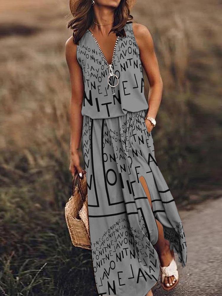 Nouvelle Robe d'Été et d'Automne pour Filles Sans Manches Cintrée à la Taille Imprimée Lettres avec Fermeture Éclair
