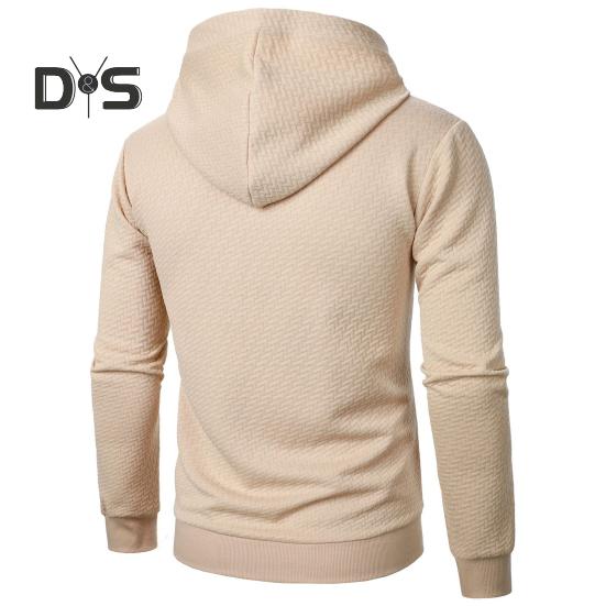 Men Fall Winter Hoodie Solid Color Drawstring Long Sleeves Jacquard Design Hooded Elastic Cuff And Hem Thin Daily Wear Casual Sport Top