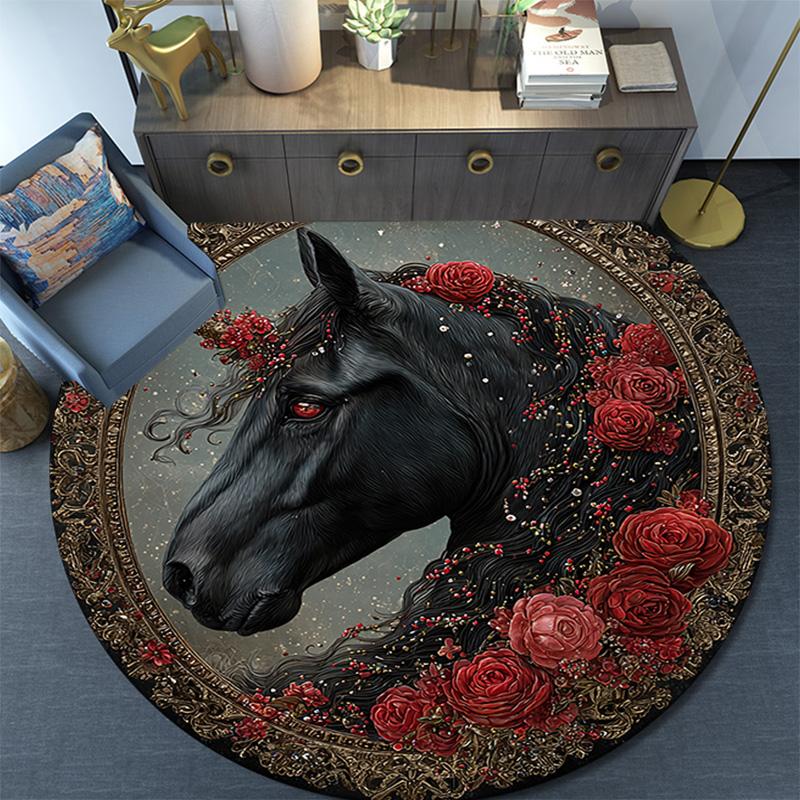 Schwarzes Pferd Runder Teppich, Teppich für Wohnzimmer Schlafzimmer Sofa Spielzimmer Dekor, Rutschfeste Fußmatte
