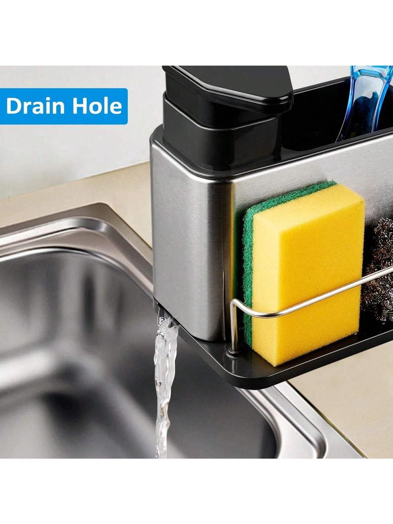 3-In-1 Sponge Holder for Kitchen Sink Caddy Kitchen Sink Organizer Tray Drainer Rack, Rustproof Dish Soap Dispenser Brush Holder