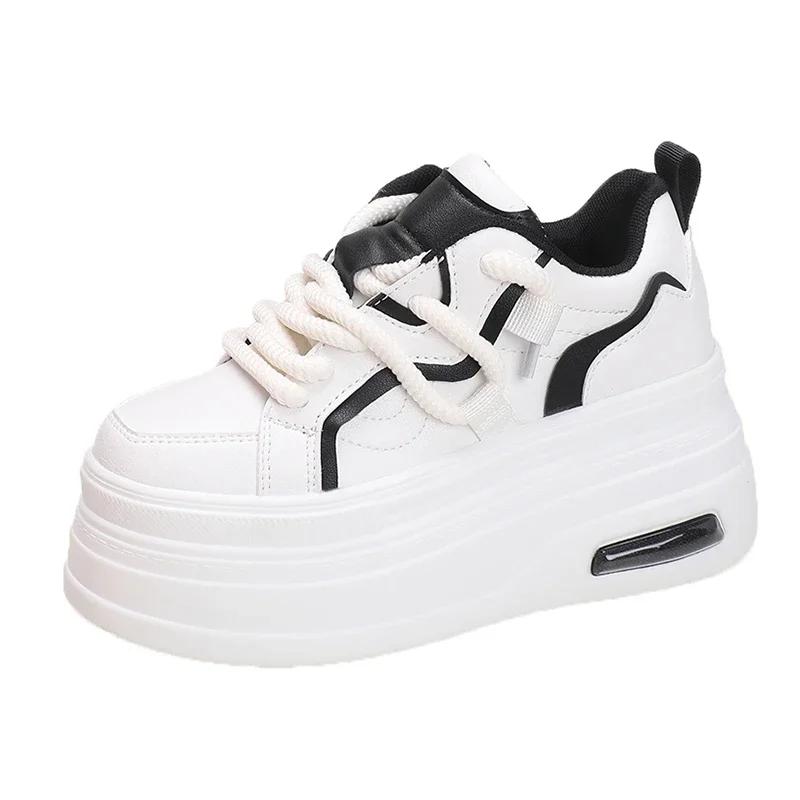 Fashion New Chic Platform Sneakers for Womens Leather Lace-up Comfort 8CM Thick Bottom Sport Shoe Small White Vulcanize Shoes