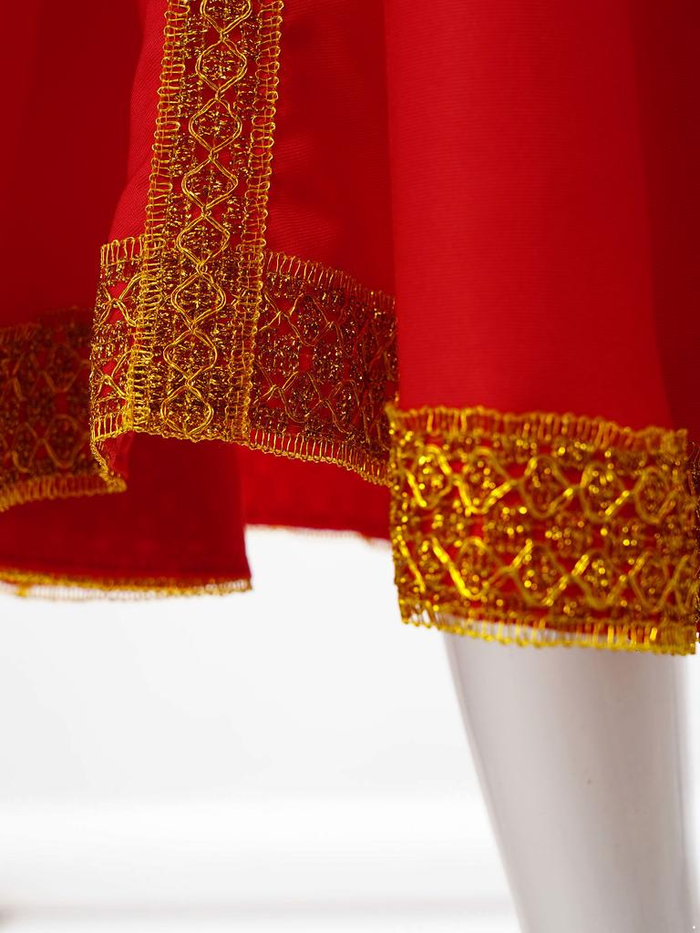 Girls Russian Costume Round Neck Puff Sleeve Gold Embroidery Knee Length Dress Beautiful Headpiece Traditional Set