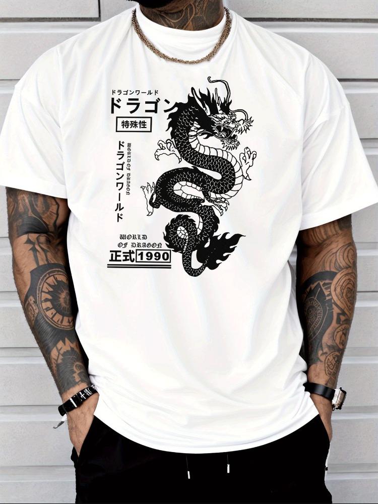 Unisex Summer Cotton Short Sleeve T Shirt White Japanese Dragon Kanji Text Print Crew Neck Harajuku Retro Street Casual Male Tee