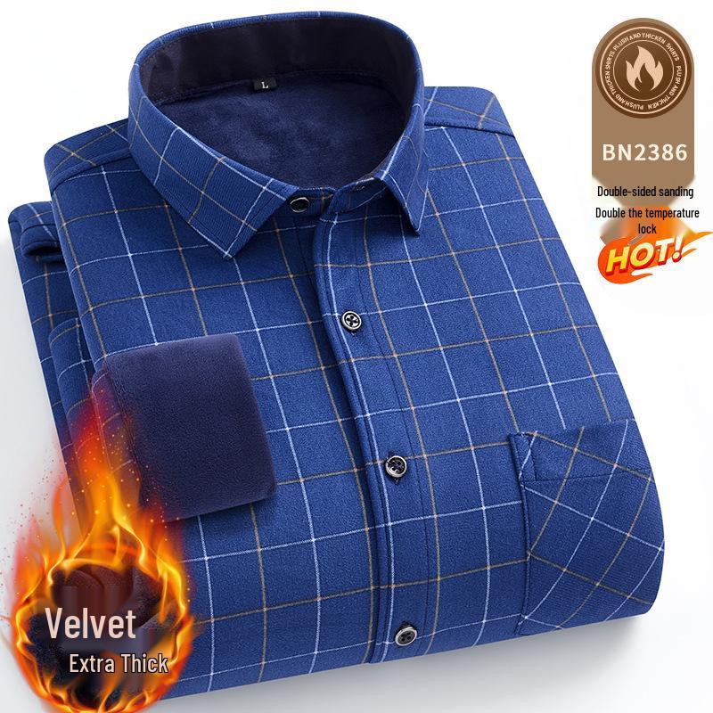 Men's Double-Sided Fleece-Lined Long-Sleeve Shirt for Autumn and Winter
