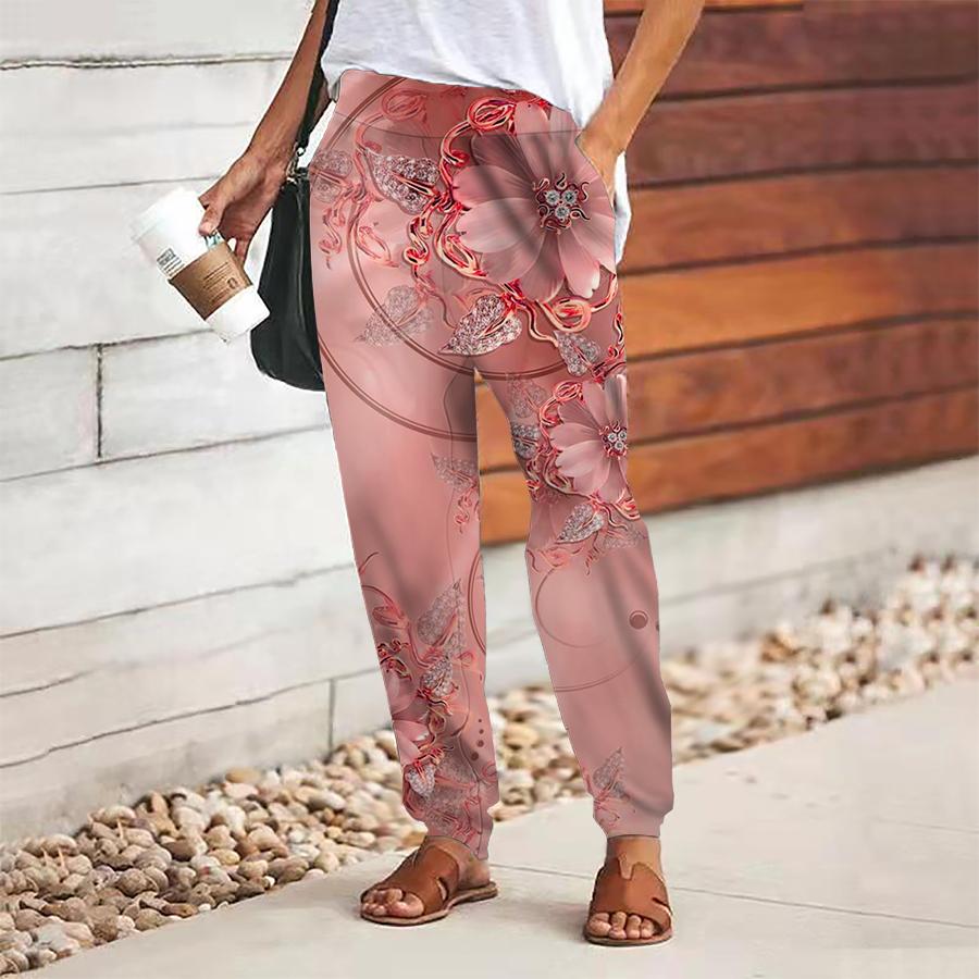 

Женские брюки с цветочным принтом на шнуровке, с эластичной талией, свободные брюки, повседневные длинные брюки, брюки с карманами 8XL красный