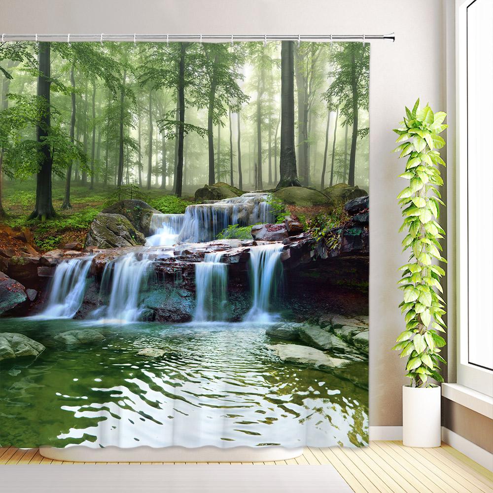 Tropical Ocean Scenery Shower Curtains Palm Tree Flowers Plants Nature Forest Waterfall Outdoor Garden Bathroom Decor with Hooks