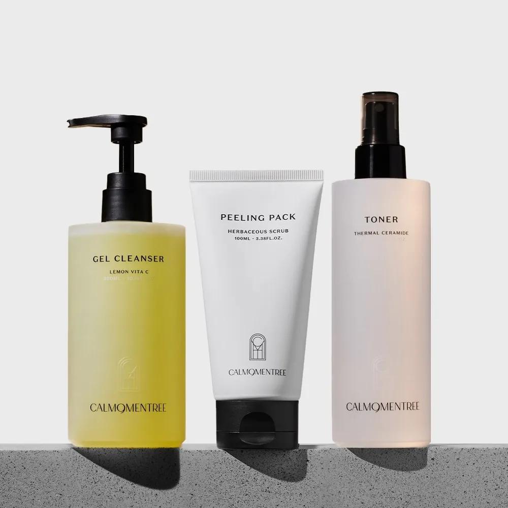 Calmomentree Akneanfällige Home Cleansing Scrub Maske, Gelreiniger & Toner 3-teiliges Set (100ml/300ml/250ml)