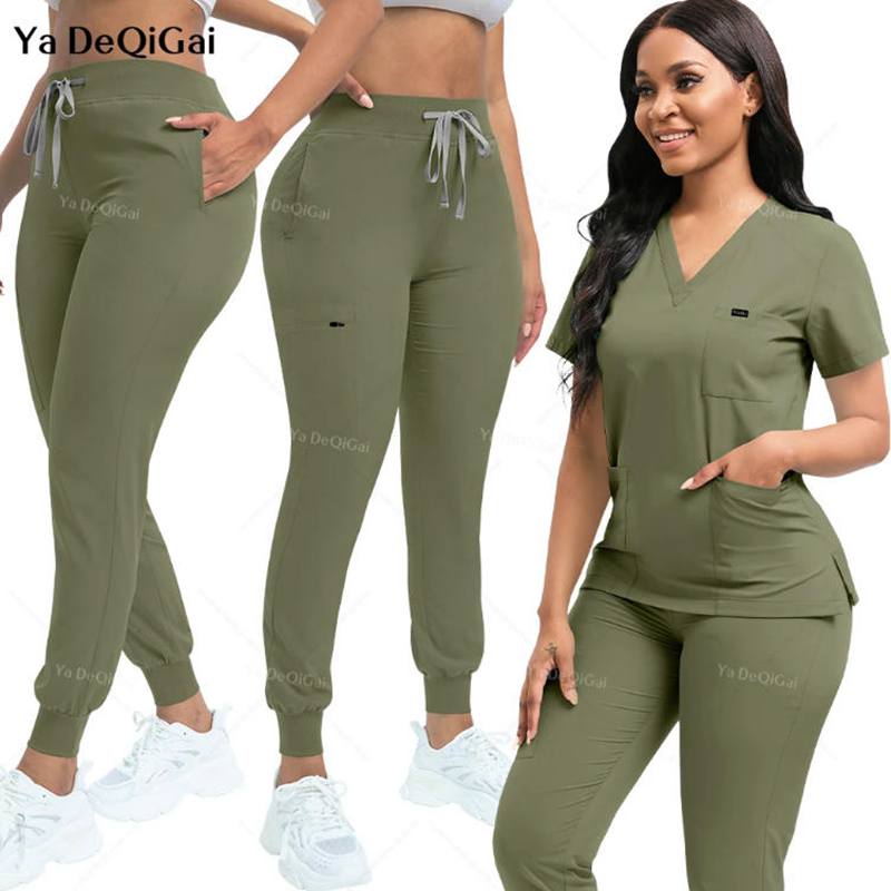 Stretch Scrubs Women Set Nursing Uniforms Clinical Scrubs Set Nurse Doctor Dustproof Workwear Medical Scrubs Top+ Jogger Pants