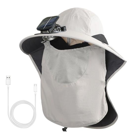 

Мужская шляпа от солнца с вентилятором с двойным питанием, широкополая шляпа от солнца с шалью и защитой для лица, шляпа для рыбалки, походов, садоводства светло-серый