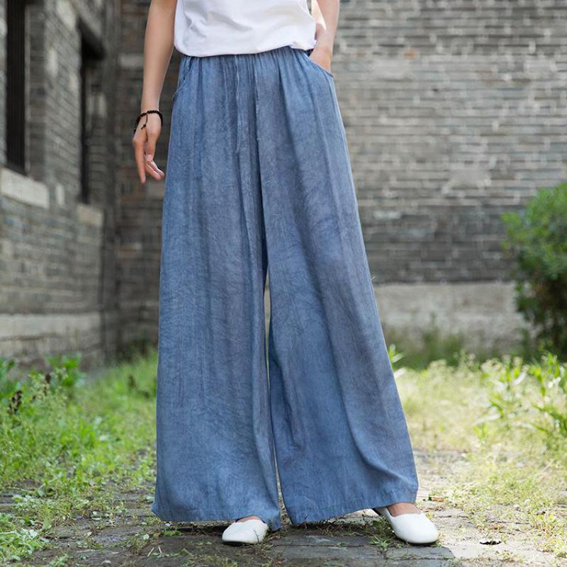 Johnature Spring Autumn Full Length Retro Pants Elastic Waist Tie Dye Wide Leg Women Lace Up Pants