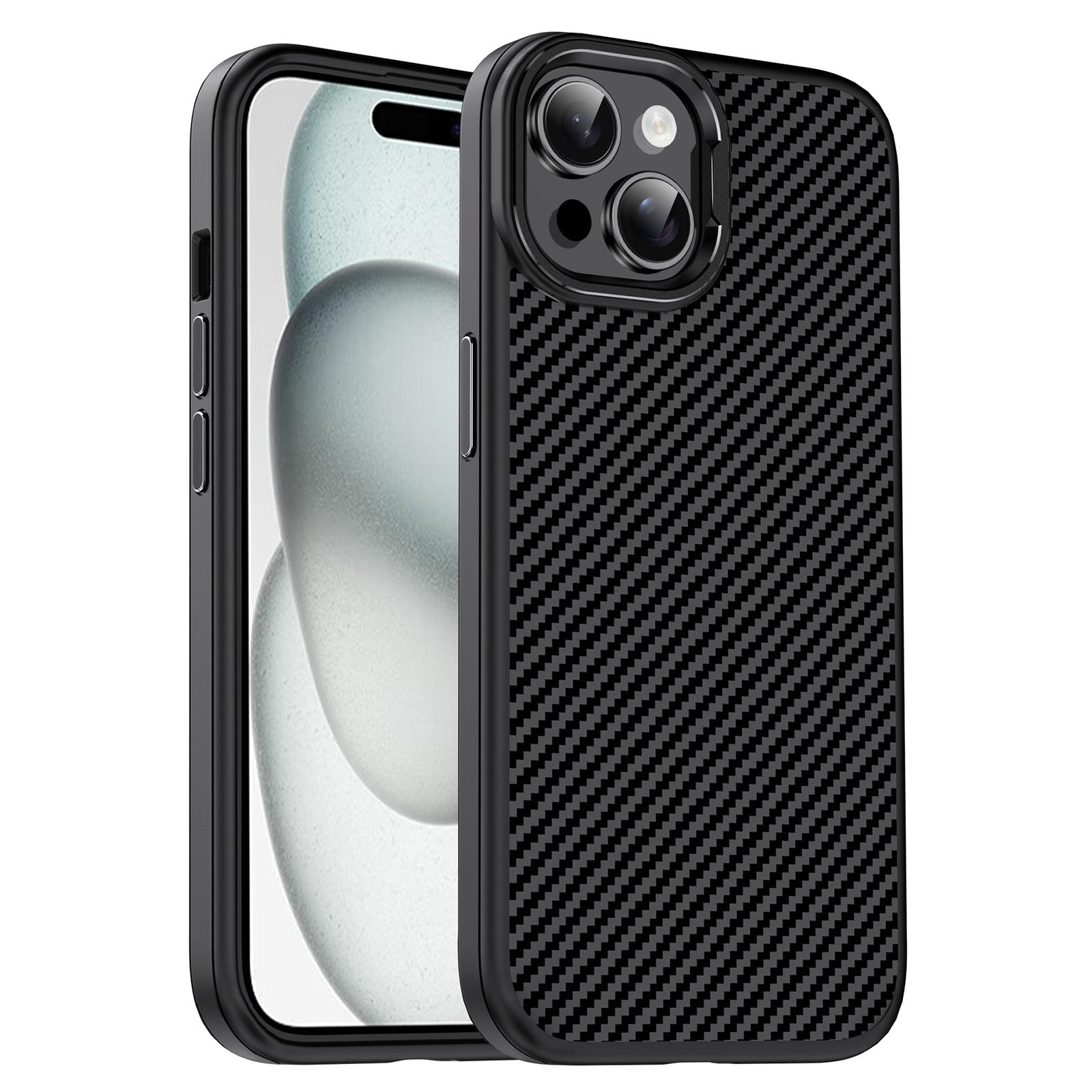 

IPAKY For iPhone 15 Plus TPU Case Carbon Fiber Texture Phone Cover Metal Lens Frame A