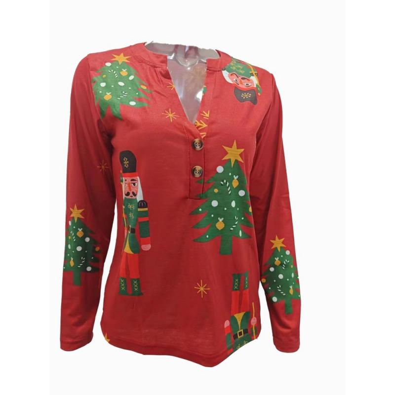 Women's Christmas Tree Printed V-neck Long Sleeved Sweatshirt Xmas Top