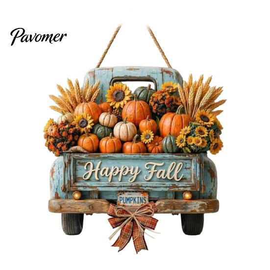 Wooden Autumn Welcome Sign Harvest Pumpkin Truck Hanging for Front Door, Fall Door with Rustic Farmhouse Thanksgiving Decor Hemp Rope, Distressed