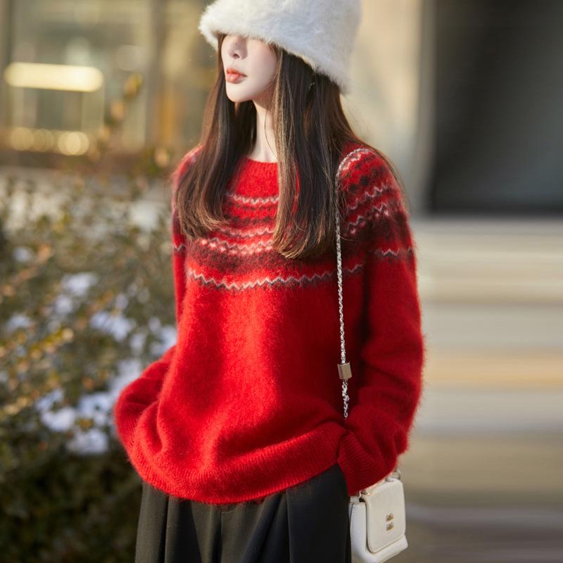 Women's Red Cashmere Fair Isle Heavy Knit Sweater - Autumn/Winter Round Neck, Super Thick and Stylish.