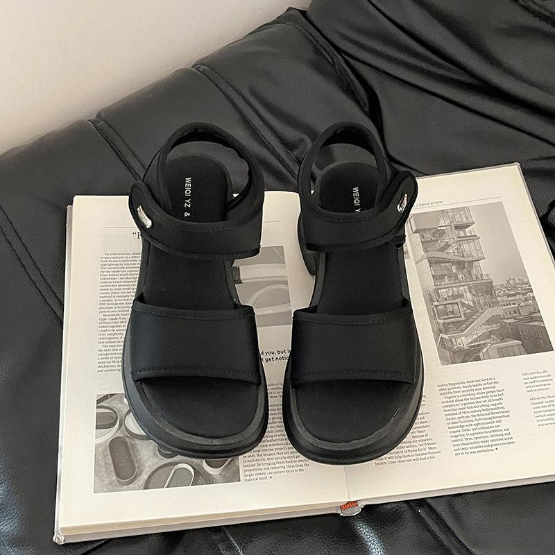 Versatile Heightening One-word Casual Wedge Sandals Women's Summer Fashion Thick-soled Round Head Velcro Roman Single Shoes