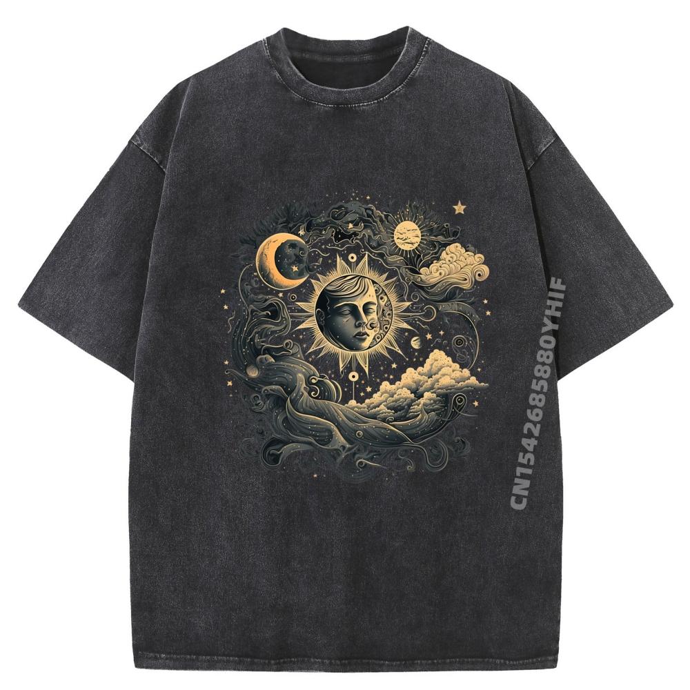 Space Celestial Bodies Sun Moon Graphic T Shirt For Male Summer Comfortable Tees Mens Retro Washed T-shirts