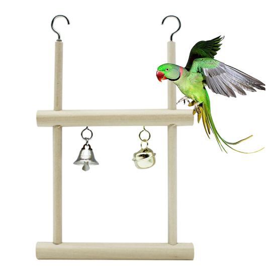 Pet Bird Parrot Wood Bell Stand Holder Hanging Swing Cage Molar Play Chew Toy